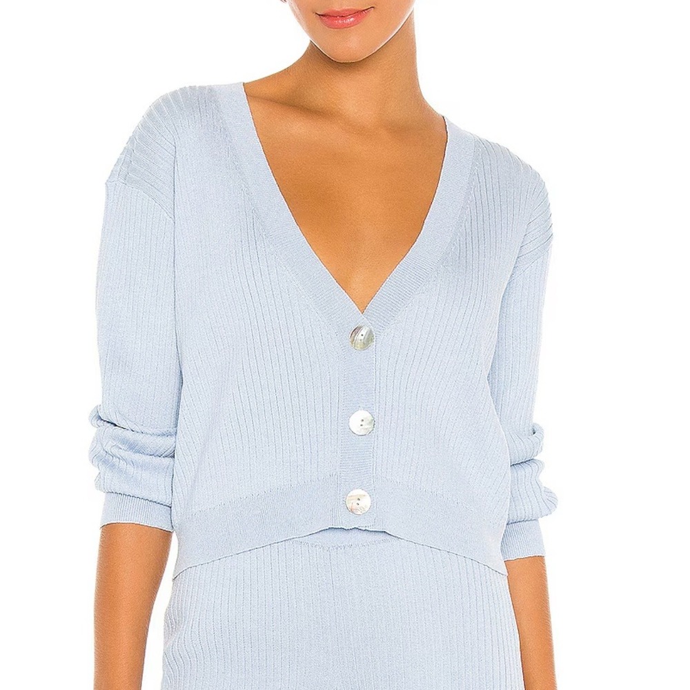 LPA | Adina Mother-of-Pearl Button Rib Knit Cardigan in BB Blue